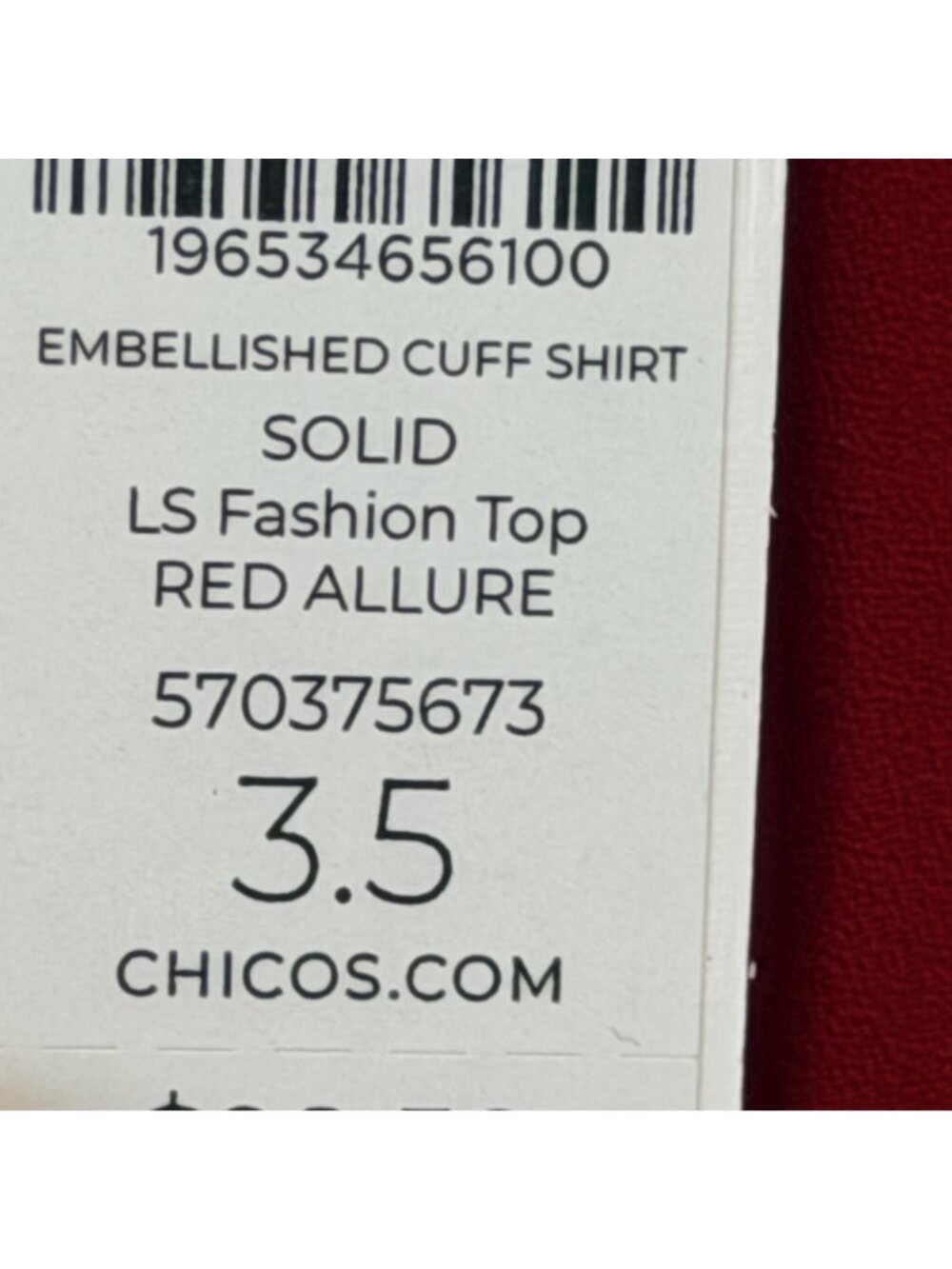 Chicos Red Allure Embellished Cuff Solid LS Fashion Top Size 18 Polyester Womens - Picture 5 of 12